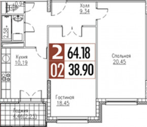 Двухкомнатная квартира 64.18 м²